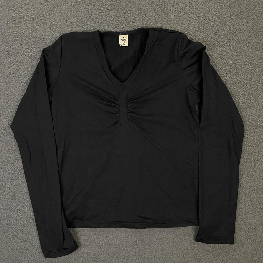 PrAna Shirt Womens Small Black V Neck Ruched Stretch Yoga‎ Basic Tee Top